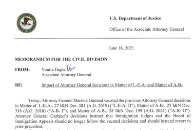 [ai] A memorandum dated June 16, 2021, from Vanita Gupta, Associate Attorney General, regarding the impact of Attorney General decisions in immigration matters. The document outlines the vacated decisions and instructions for Immigration Judges.